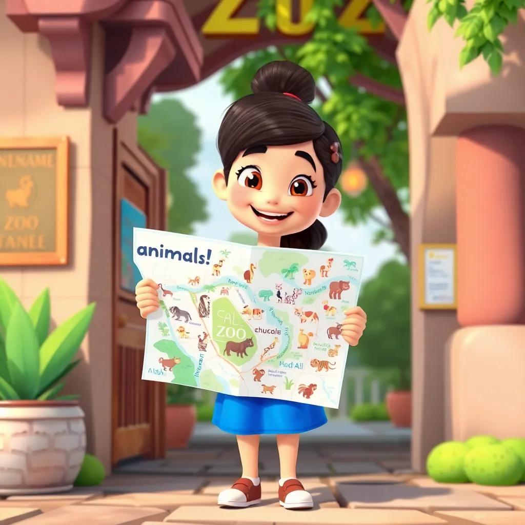 A happy Ali holding a zoo map with many animal pictures and saying “18 animals!,” standing next to the entrance, vibrant colors, cheerful mood, high quality
