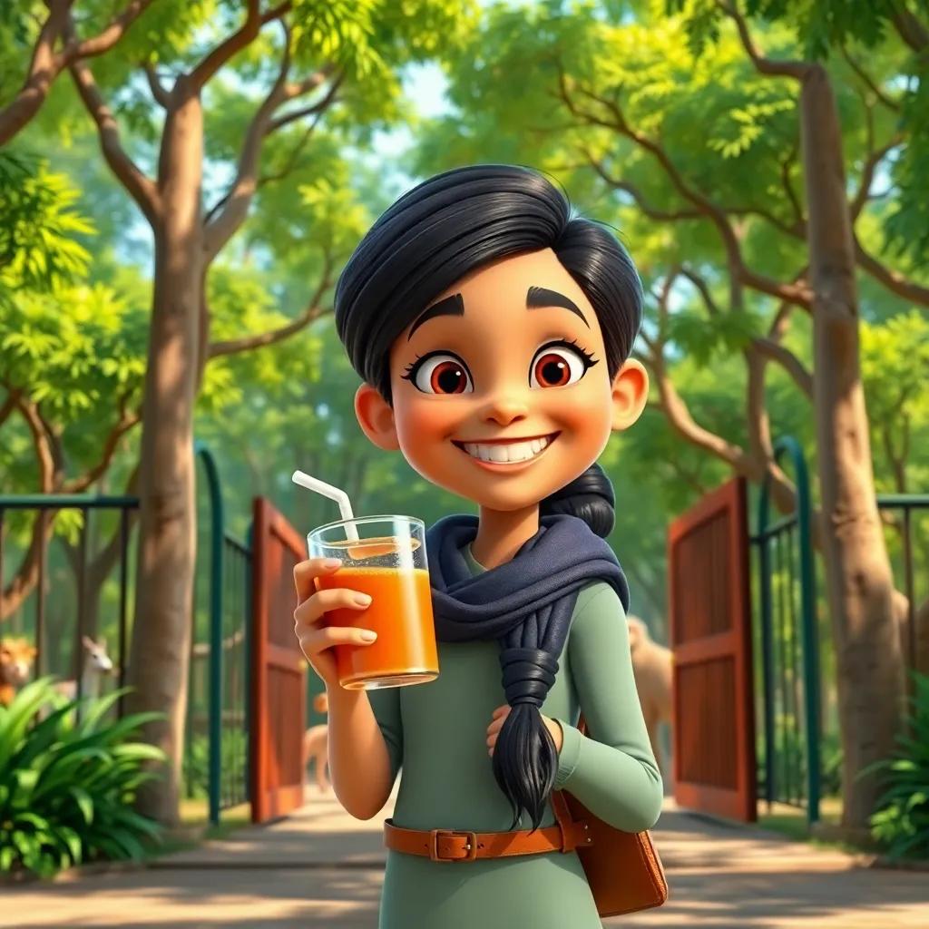 Ali holding a cup of juice with a big smile, standing at the zoo exit, green trees and animals in the background, bright and colorful, high quality
