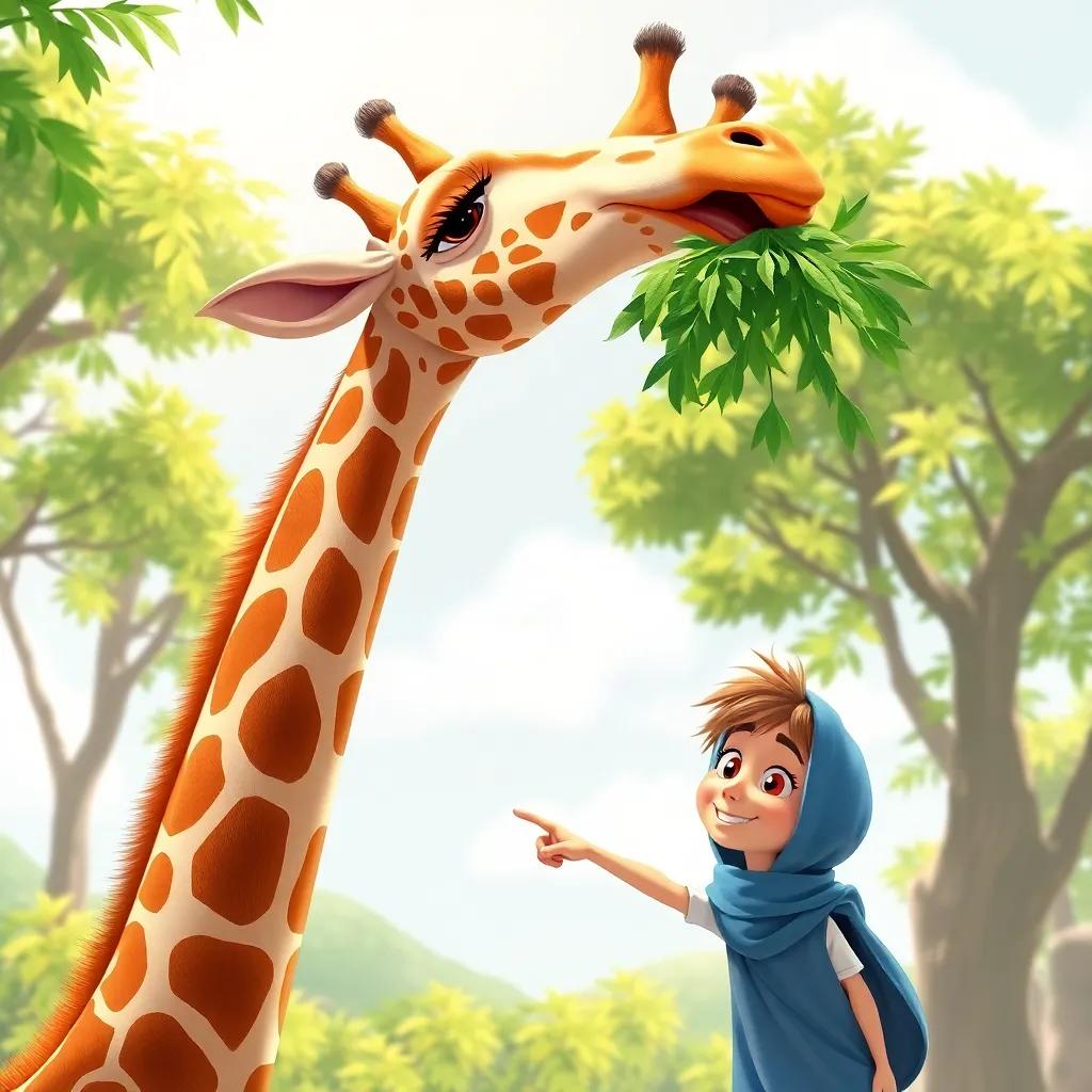 A tall giraffe stretching its neck to eat leaves, in a sunny zoo environment, with Ali pointing and smiling in amazement, bright colors, joyful mood, child-safe digital art, detailed illustration