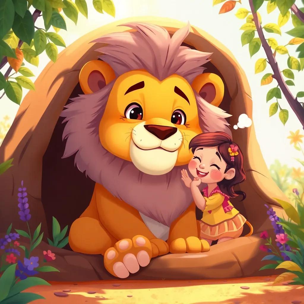 A big fluffy lion sitting in its den, with Ali whispering and giggling, colorful foliage around, sunny light, playful atmosphere, charming illustration, soft details