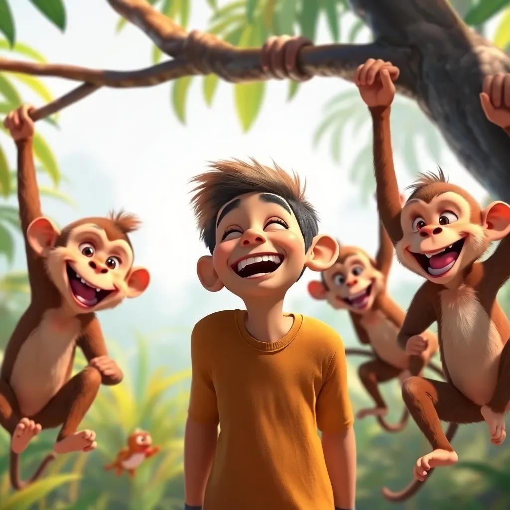 Ali laughing at a group of playful monkeys swinging from branches, bright jungle background, happy expressions, engaging scene, colorful and lively, digital art