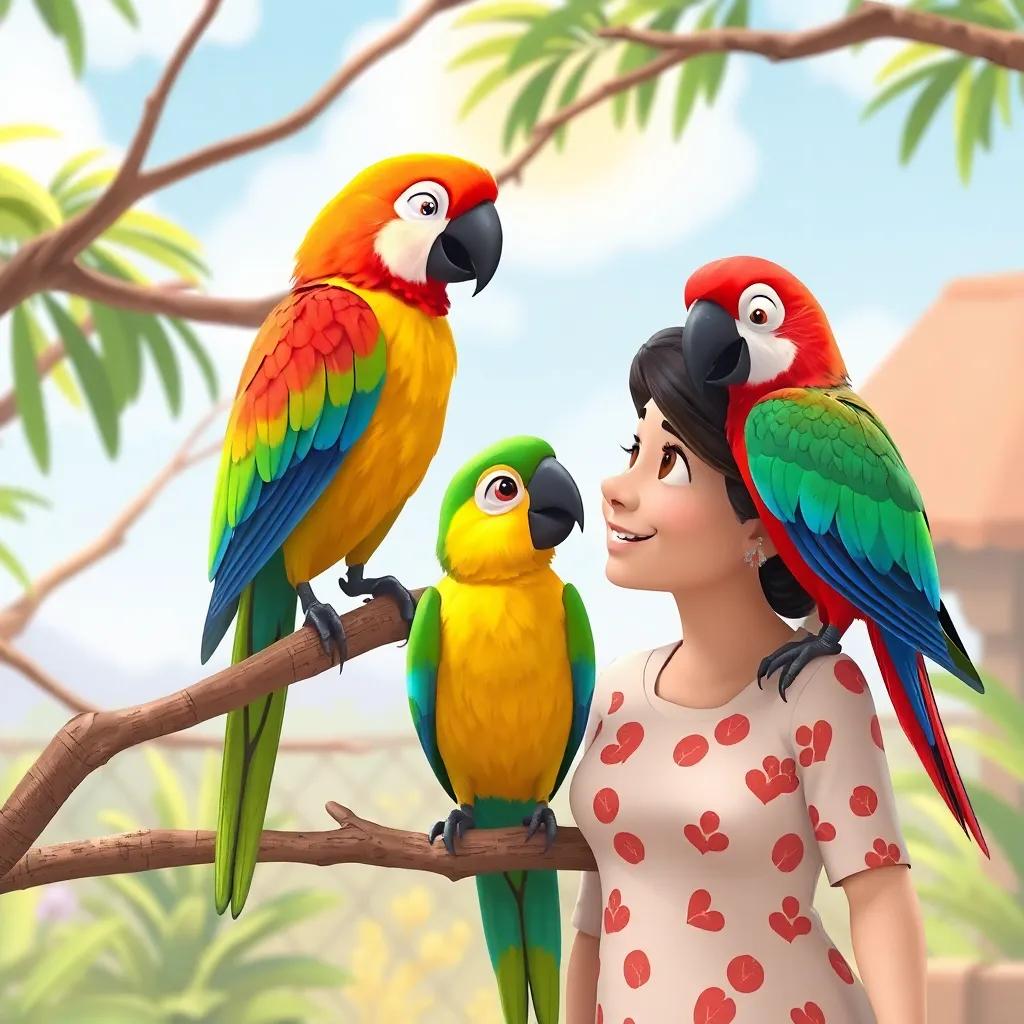 Vibrant parrots perched on branches, Ali's mom interacting with a parrot on her shoulder, sunny zoo backdrop, playful atmosphere, cheerful colors, child-friendly art