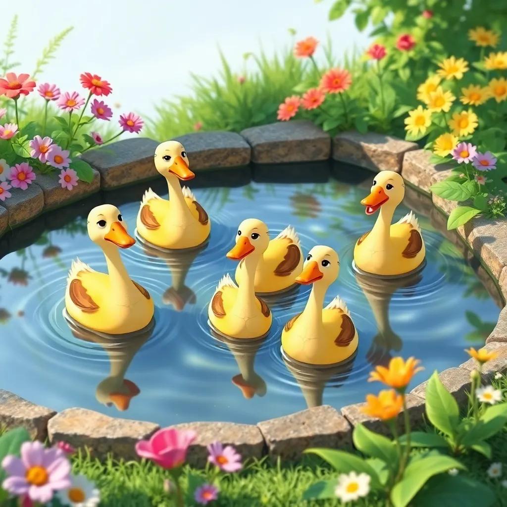 Ducks swimming in a small pond, with Ali imitating their sounds, surrounded by flowers and greenery, bright and lively scene, colorful illustration, high quality