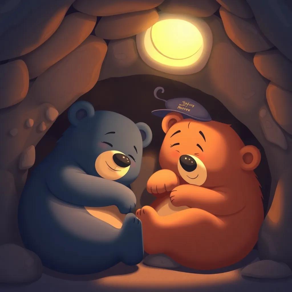 Sleepy bears rolling around in their den, Ali watching with a big smile, warm sunlight shining, inviting colors, charming portrayal, gentle and engaging art