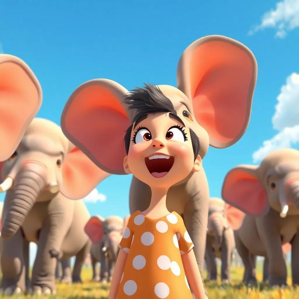 Ali shouting with excitement at the sight of elephants with big ears, standing under a blue sky, cheerful scene, bright colors, joyful and lively illustration