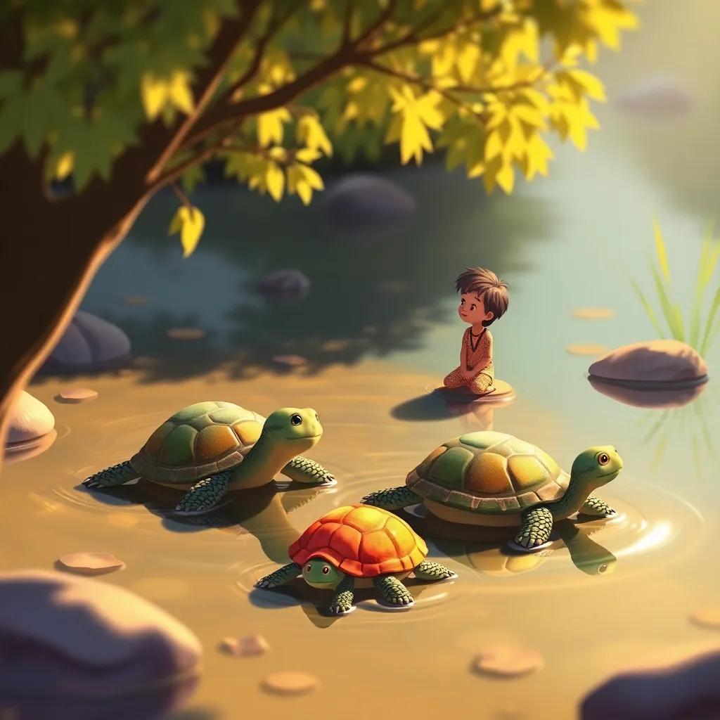 Turtles basking in the sun, Ali observing them with admiration, peaceful pond setting, warm tones, calm and inviting atmosphere, colorful illustration, imaginative and engaging