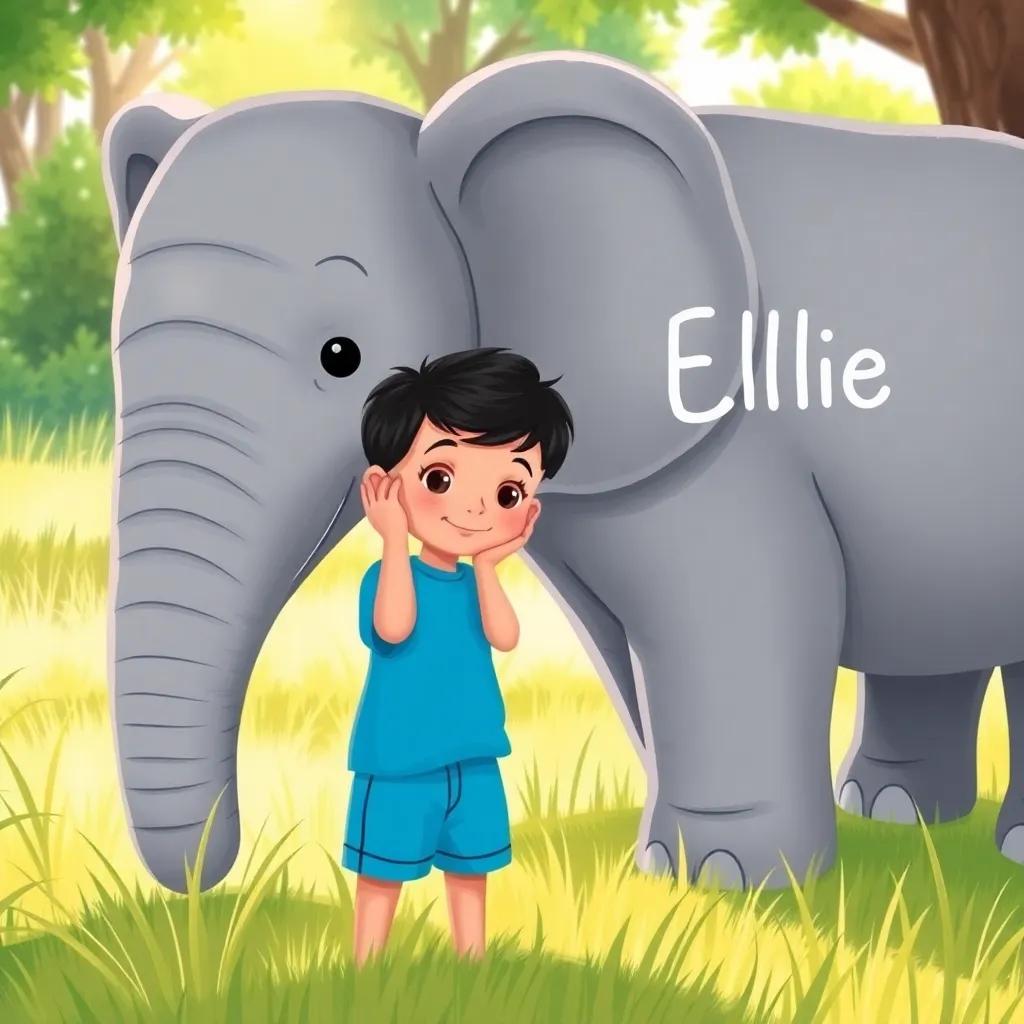 Ali, a young boy with short black hair, wearing a bright blue t-shirt and shorts, playing peek-a-boo with a big gray elephant named Ellie, in a grassy area, warm sunlight, playful setting, illustration, lively colors, child-friendly