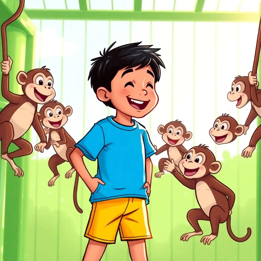 Ali, a young boy with short black hair, wearing a bright blue t-shirt and shorts, laughing and talking to cheeky monkeys jumping around, in a green cage, bright sunlight, fun and playful mood, illustration, colorful and lively