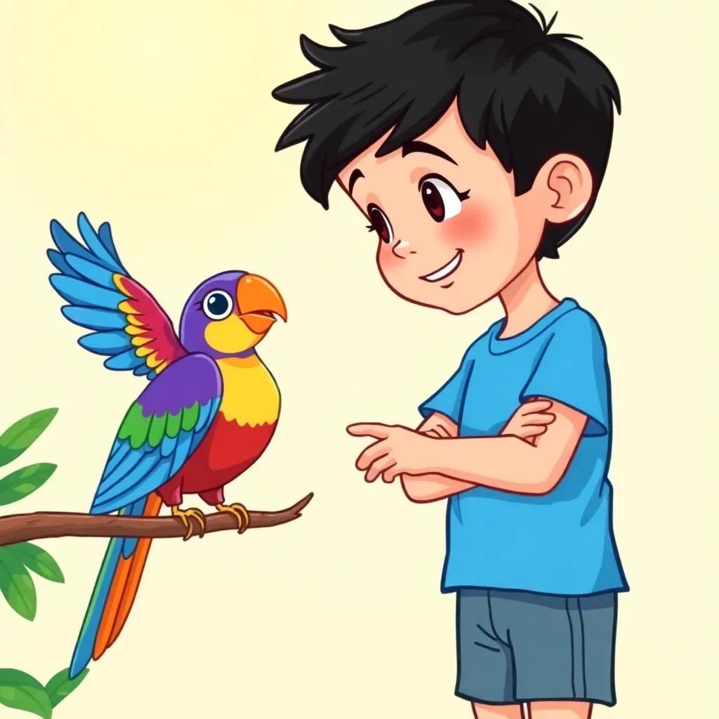 Ali, a young boy with short black hair, wearing a bright blue t-shirt and shorts, watching a colorful parrot flapping its wings, perched on a branch, sunny background, cheerful interaction, illustration, bright colors, happy