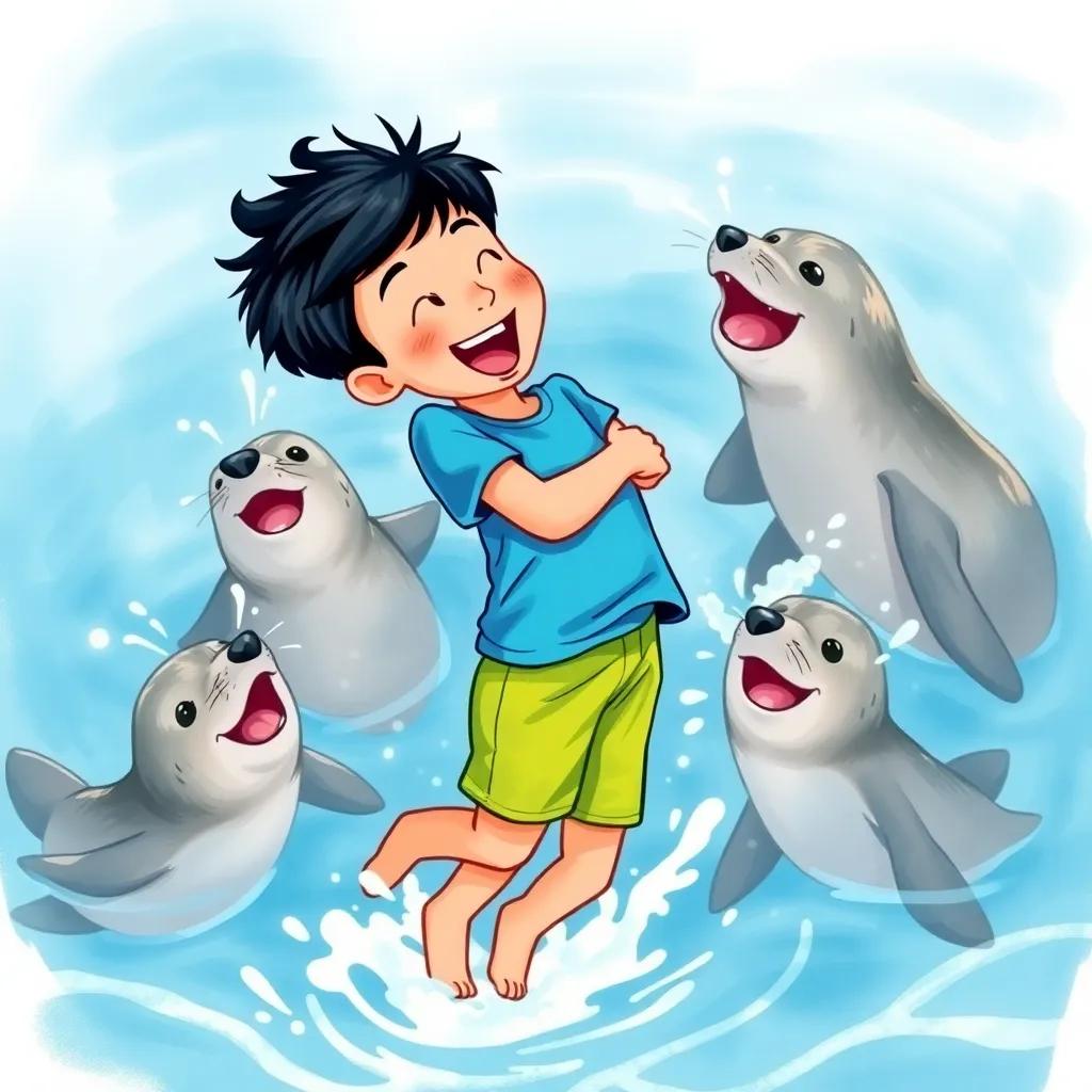 Ali, a young boy with short black hair, wearing a bright blue t-shirt and shorts, jumping back with laughter as playful seals splash water at him, in sparkling blue water, fun atmosphere, illustration, lively scene, child-friendly