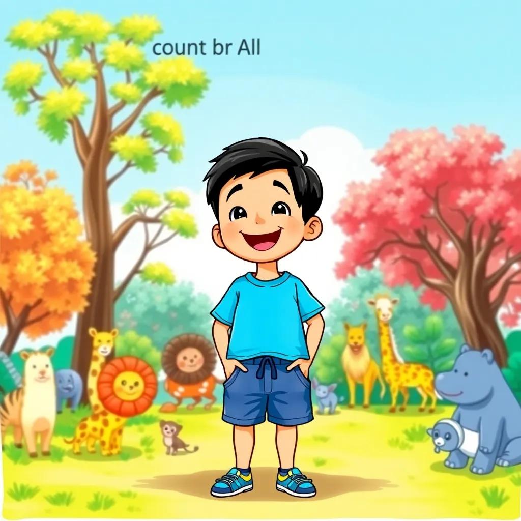 Ali, a young boy with short black hair, wearing a bright blue t-shirt and shorts, standing with joy as he counts all the animals he saw, surrounded by vibrant trees and animals behind him, sunny day, happy mood, illustration, bright colors, lively