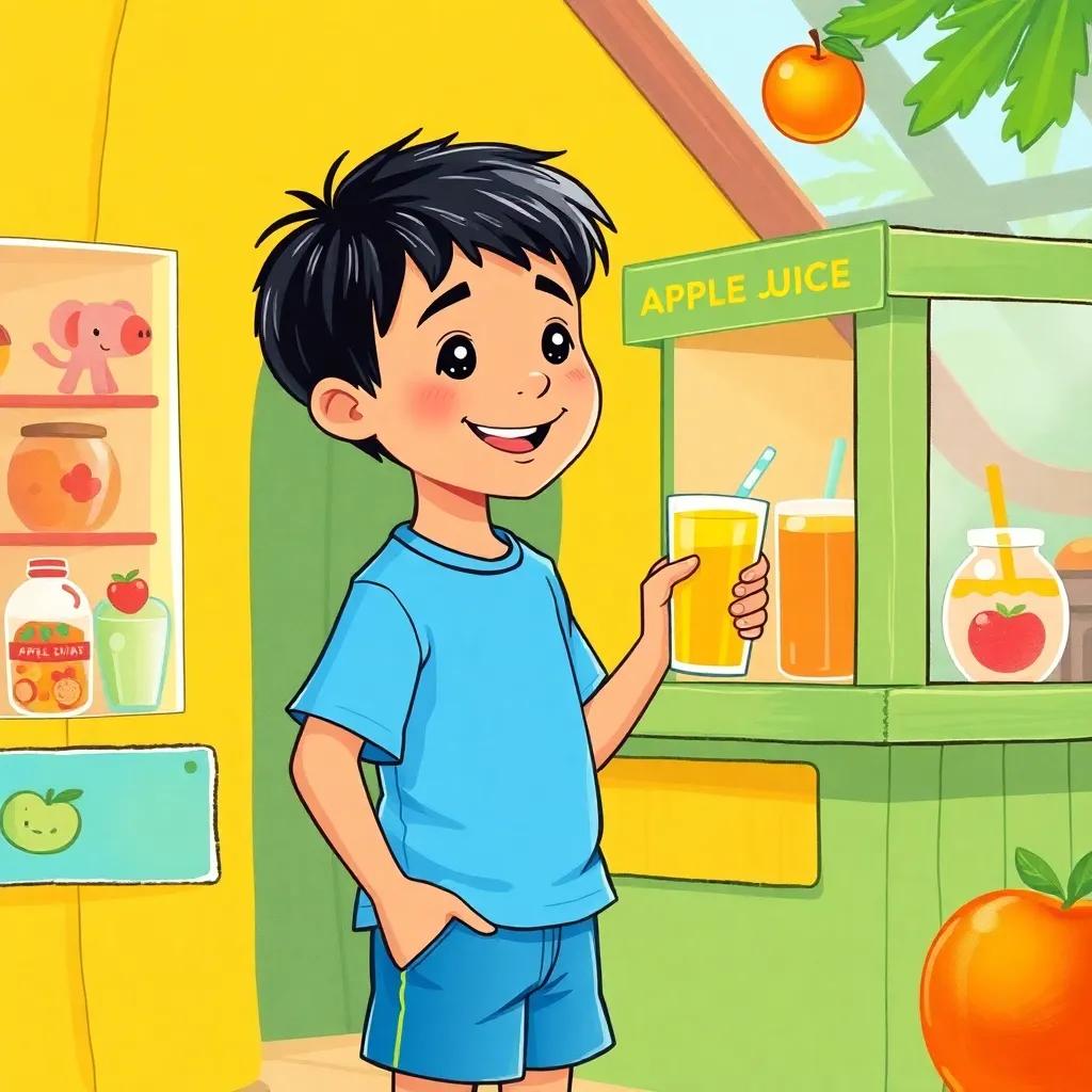 Ali, a young boy with short black hair, wearing a bright blue t-shirt and shorts, happily choosing apple juice at a small zoo snack shop, vibrant colors, cheerful atmosphere, illustration, fun setting, child-friendly