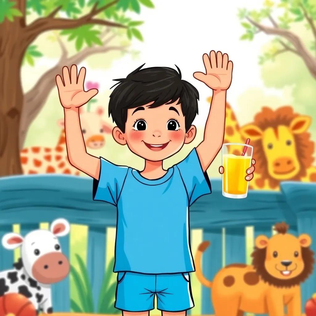 Ali, a young boy with short black hair, wearing a bright blue t-shirt and shorts, waving goodbye to the zoo with apple juice in hand, animals in the background, joyful farewell, bright colors, illustration, heartwarming scene