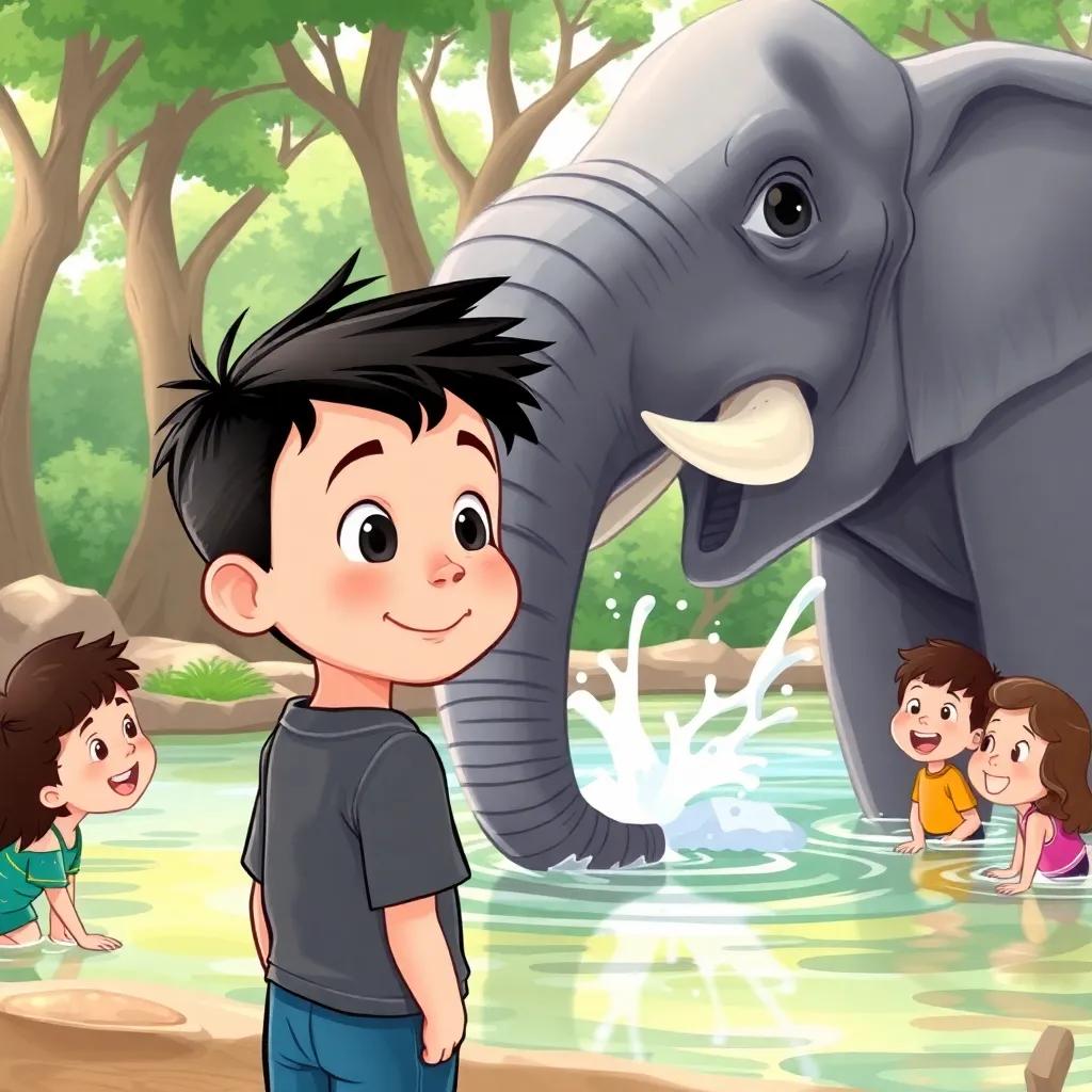 Ali, a young boy with short black hair, watching a big elephant splash water with its trunk, bright zoo setting with trees, children laughing, fun, digital art, colorful