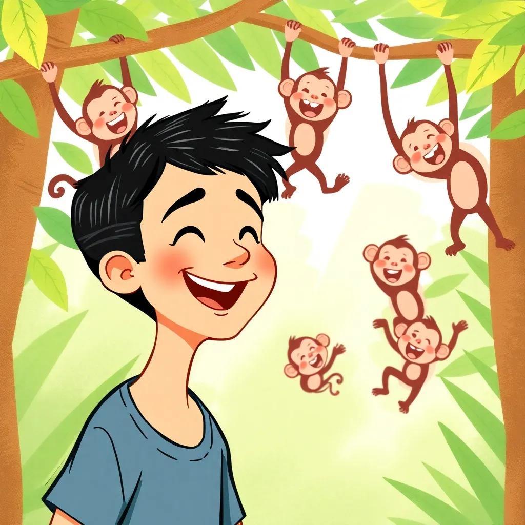 Ali, a young boy with short black hair, laughing at a group of monkeys swinging in the trees, playful monkeys making silly faces, jungle backdrop, lively scene, child-friendly