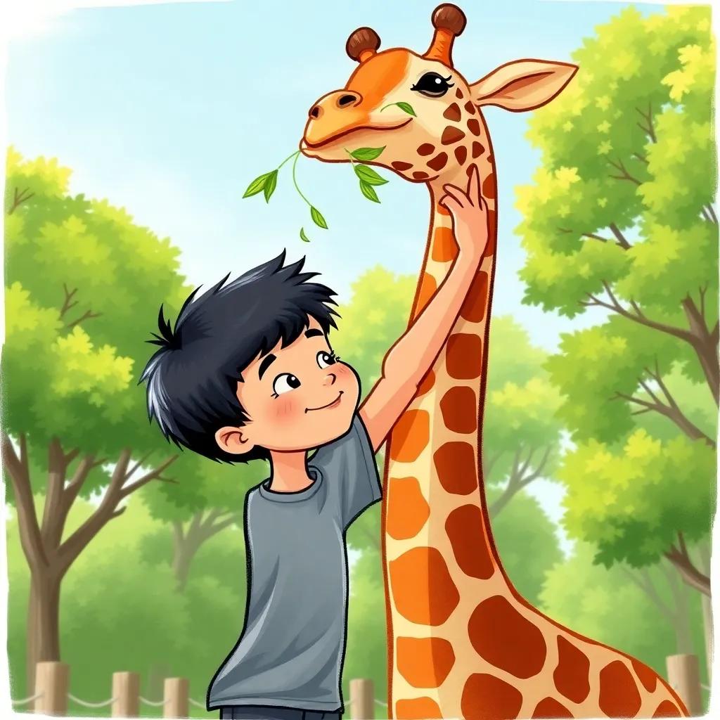 Ali, a young boy with short black hair, stretching like a tall giraffe munching on leaves, a bright sunny day at the zoo, nice green trees, joyful vibe, vibrant colors, engaging