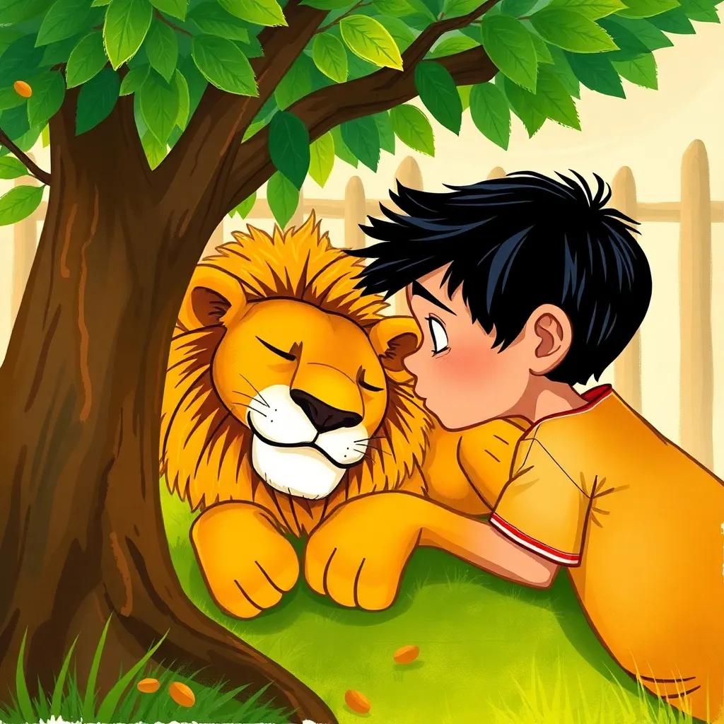 Ali, a young boy with short black hair, whispering at a sleeping lion under a tree, a quiet and peaceful zoo scene, colorful background, captivating