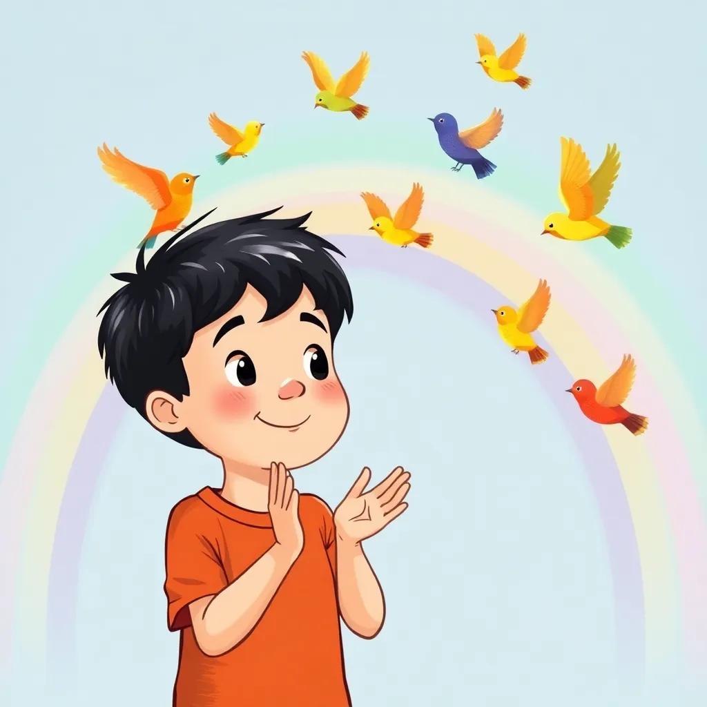 Ali, a young boy with short black hair, clapping his hands at colorful chirping birds, rainbow colors filling the sky, energetic atmosphere, bright and fun