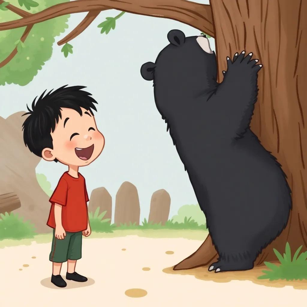 Ali, a young boy with short black hair, giggling at a big bear scratching its back on a tree, funny and playful moment, zoo environment, cheerful