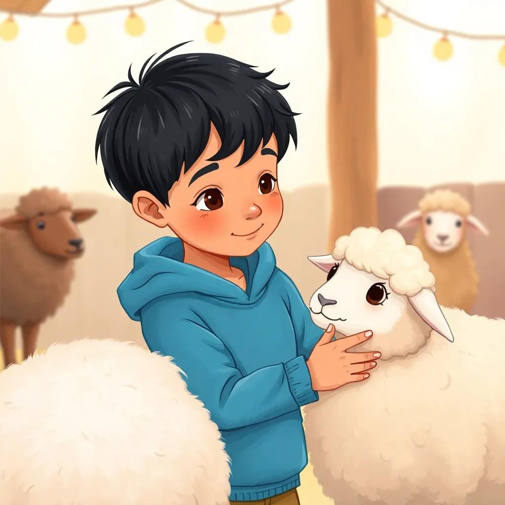 Ali, a young boy with short black hair, gently petting a fluffy sheep at the petting zoo, warm colors, soft and inviting atmosphere, child-friendly scene