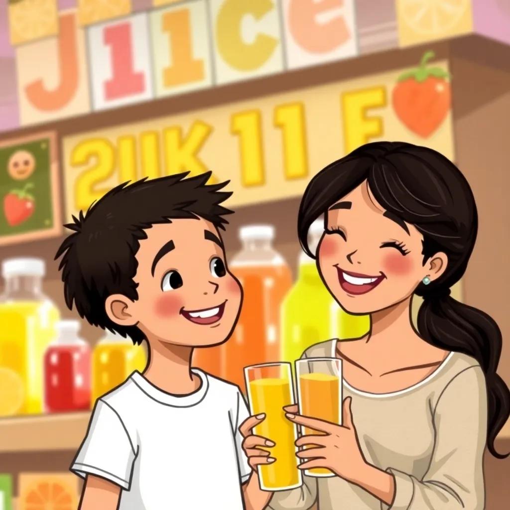 Ali, a young boy with short black hair and juice in his hand with his mom, smiling and enjoying their time, colorful juice stand in the background, vibrant, happy