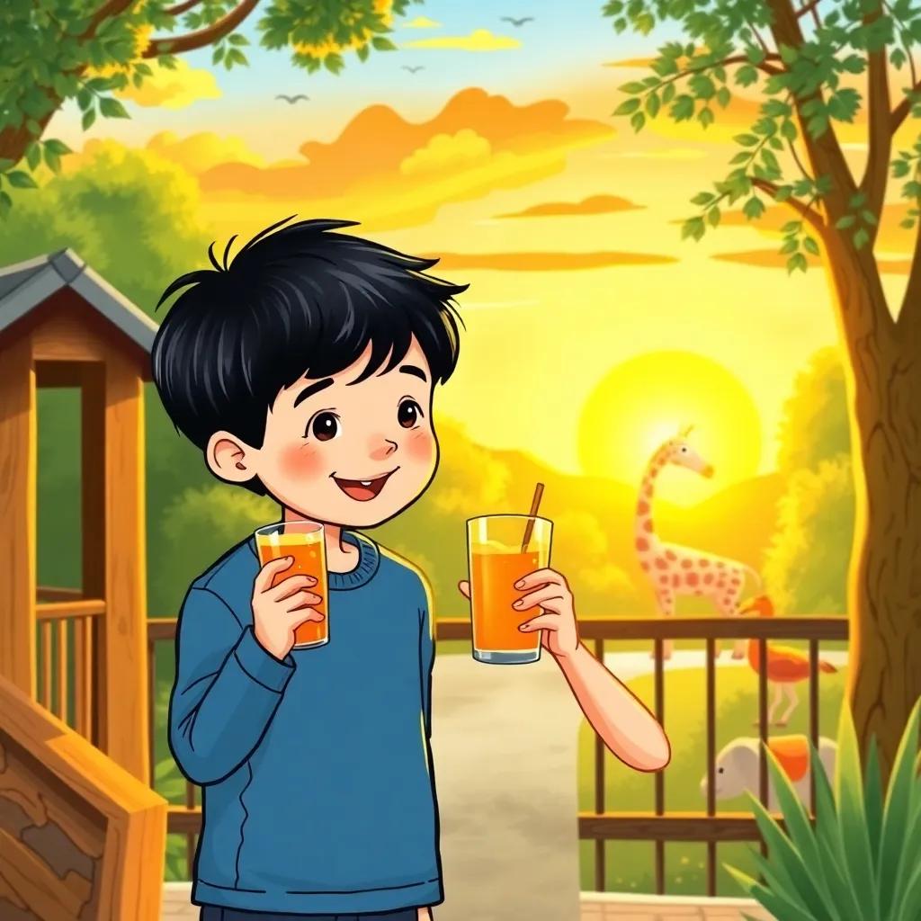 Ali, a young boy with short black hair, holding a cold juice with his mom, standing outside the zoo with a bright sunset, joyful moment of a perfect day, heartwarming