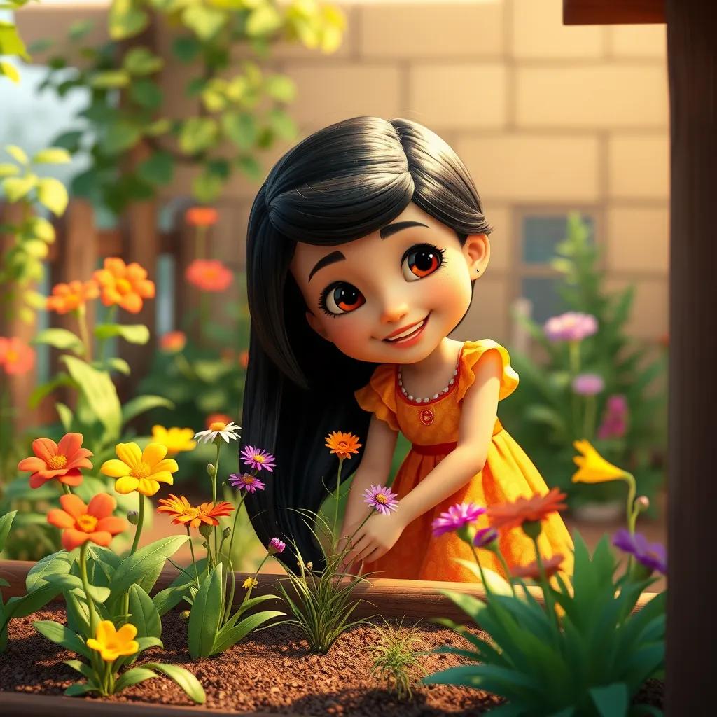 A young girl, Amana, with long black hair in a bright dress, smiling as she helps her sitto in a small garden with colorful flowers and green plants, digital art, cheerful atmosphere, vibrant colors, high quality