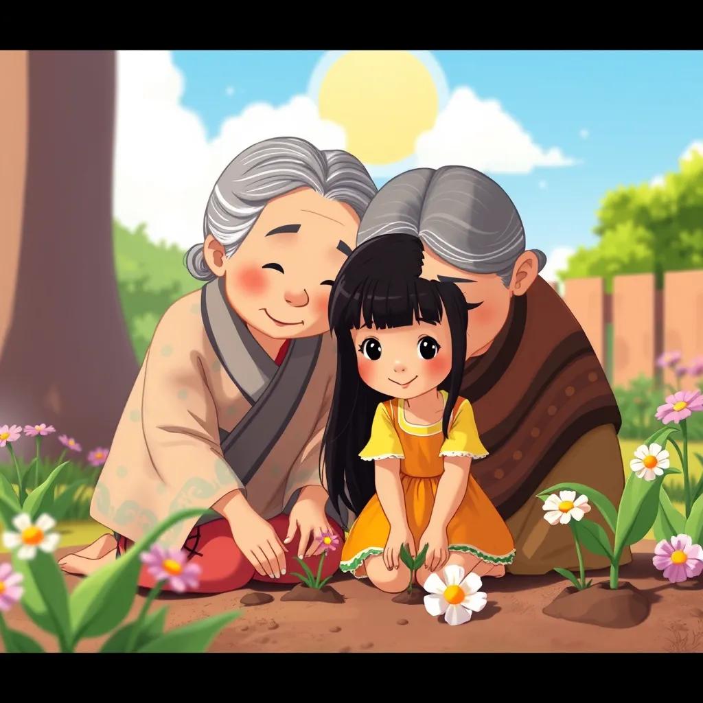 Amana, a young girl with long black hair wearing a bright dress, kneeling in the garden alongside her sitto, an elderly woman with gray hair in a patterned shawl, planting flowers together under a sunny sky, illustration, warm colors, heartwarming scene, child-friendly