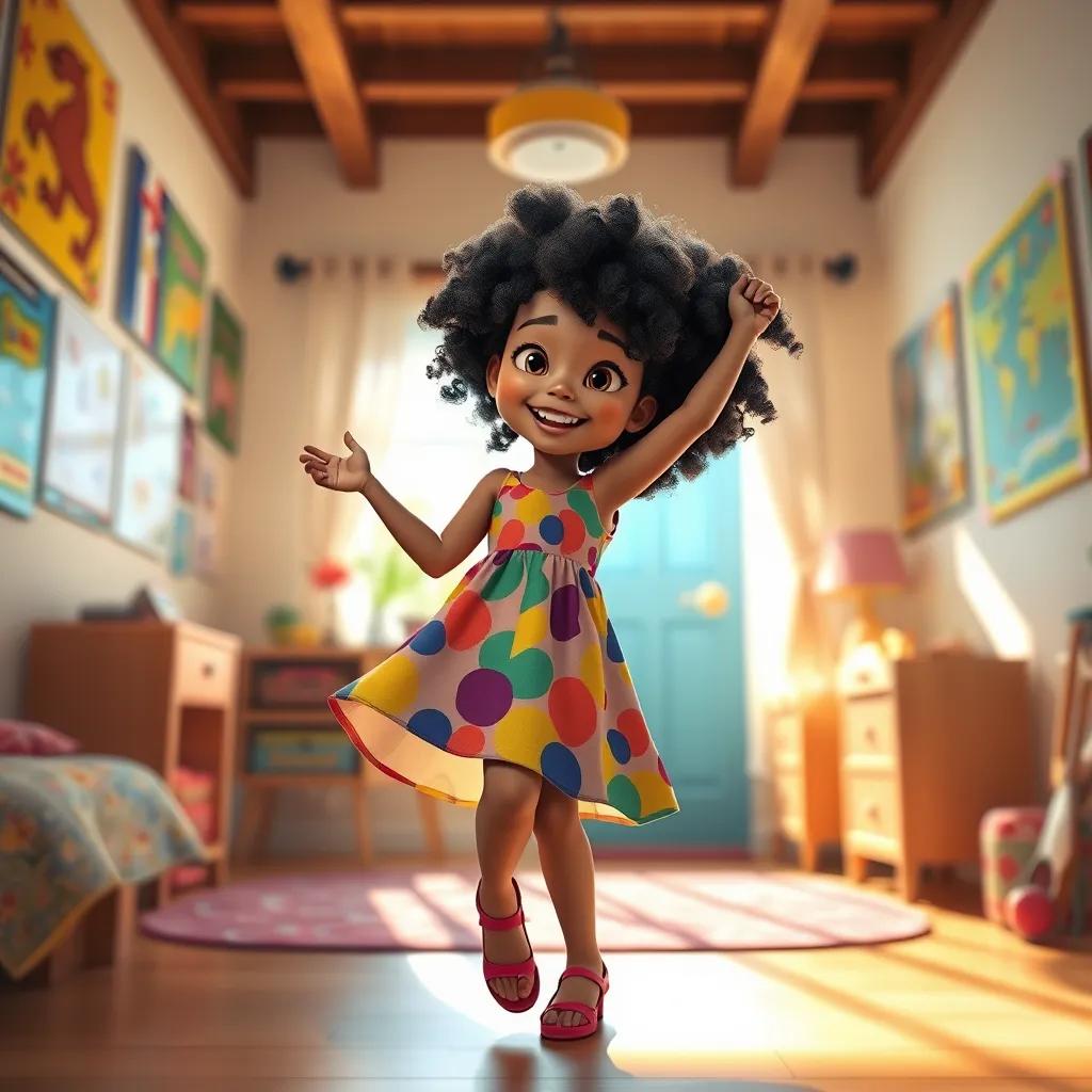 A young girl, Amana, with curly black hair wearing a colorful dress, dancing in her room with colorful posters on the walls, bright sunlight streaming through the window, joyful atmosphere, digital art, vibrant colors, playful perspective, high quality