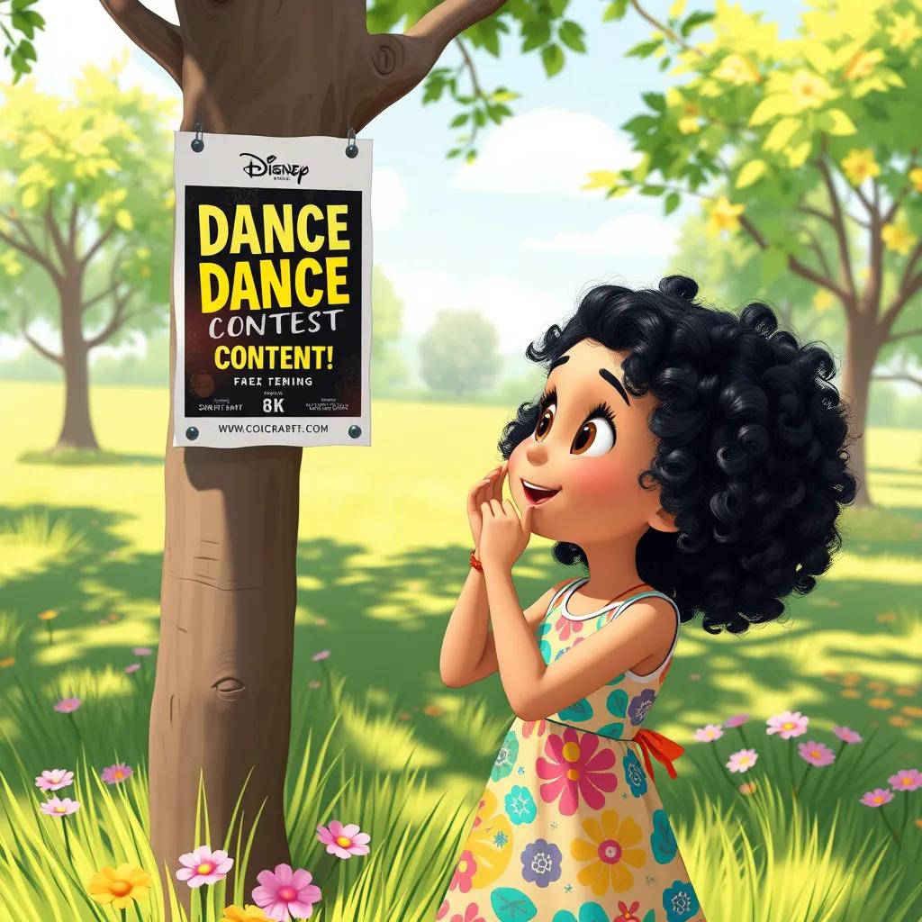 A young girl, Amana, with curly black hair in a colorful dress, looking excited at a dance contest flyer on a tree in the park, bright sunny day with green grass and flowers around, cheerful vibe, illustration, lively colors, engaging perspective, high quality