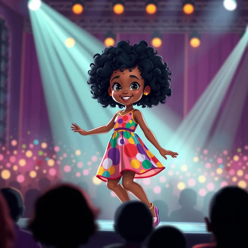 A young girl, Amana, with curly black hair in a colorful dress, dancing confidently on stage with bright lights and an audience in front, shimmering background and colorful lights, thrilling moment, illustration, bold colors, dynamic perspective, high quality