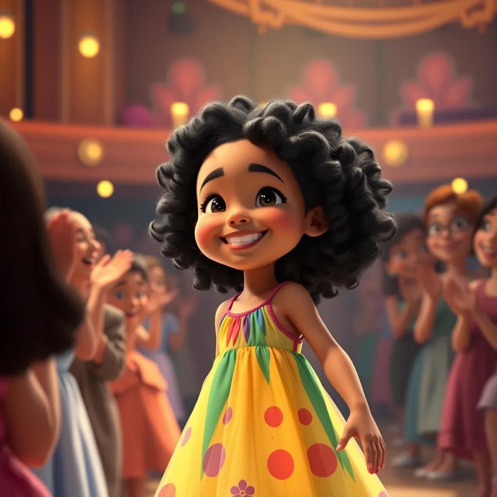 A young girl, Amana, with curly black hair in a colorful dress, smiling and receiving applause on stage after her dance, happy faces in the audience, warm atmosphere with golden light, joyful scene, digital art, bright colors, uplifting perspective, high quality