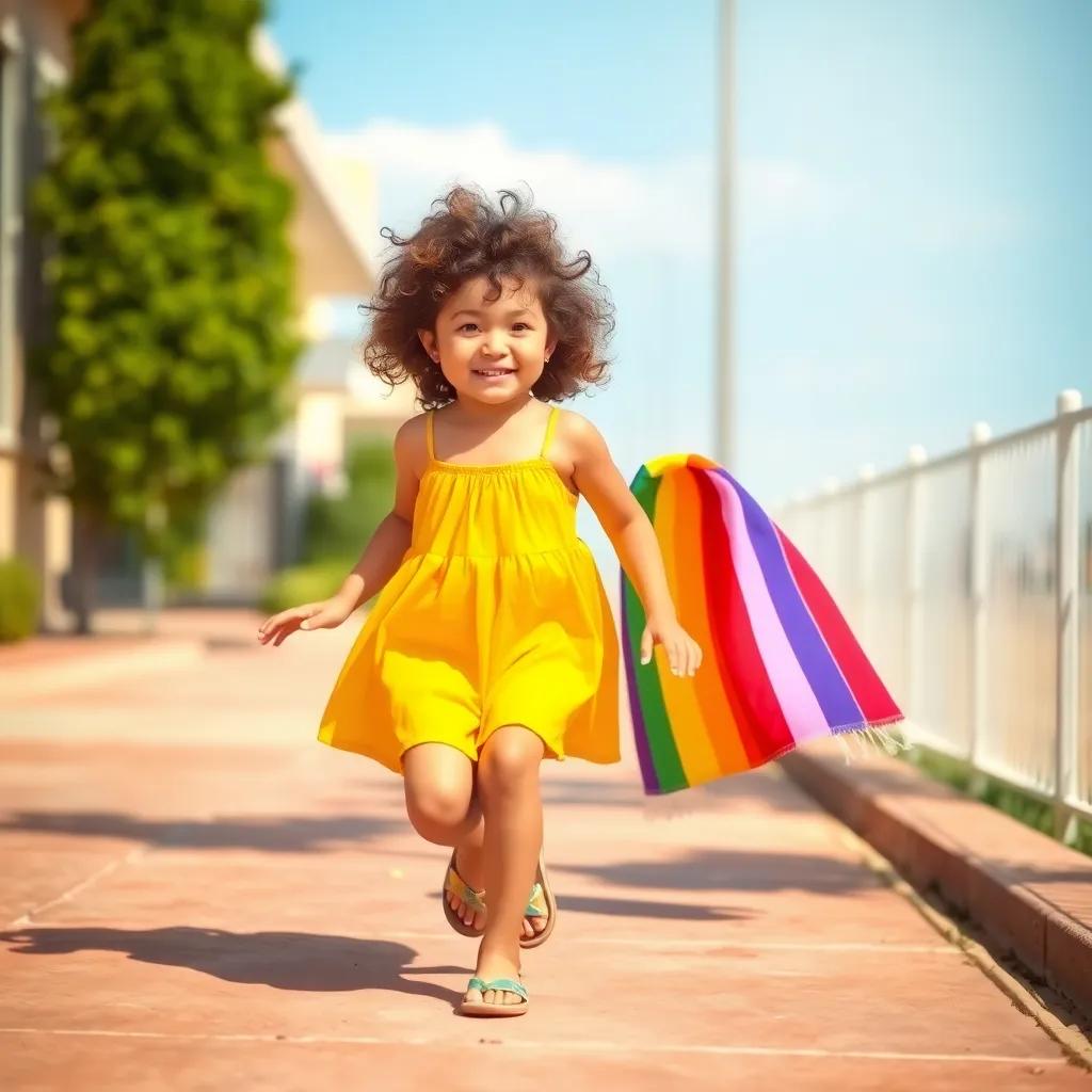 Amanda, a 10-year-old girl with curly brown hair, wearing a bright yellow sundress, skipping beside her mom with a colorful towel, sunny sidewalk, cheerful atmosphere, digital art, bright colors, atmosphere of excitement, high quality