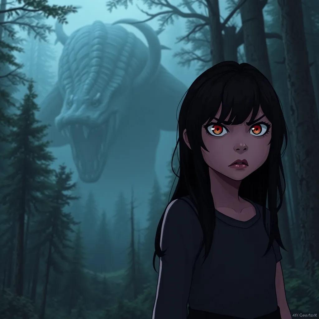A brave girl named Amara with dark hair and bright eyes, looking sad and angry, standing in a forest with a large scary monster looming in the background, digital art, dark colors, sense of danger, high quality