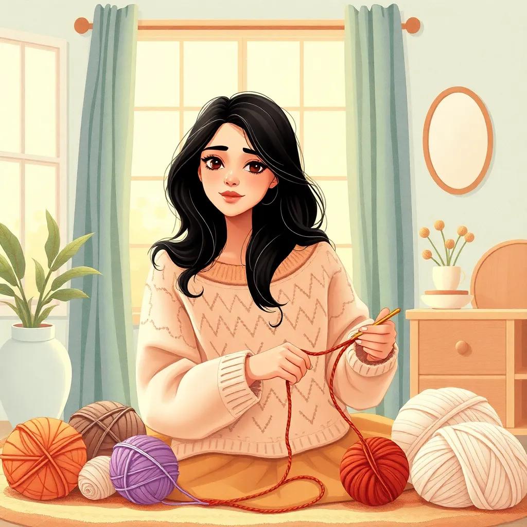 Amina, a Middle-Eastern woman, around 30 years old, with long, dark hair wearing a cozy sweater, sitting in a bright, sunny room with yarn and crochet hook, warm colors, inviting atmosphere, high quality