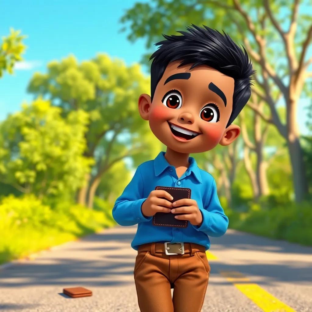A young boy, Amir, with short black hair and brown skin, wearing a blue shirt and brown pants, walking on a sunny road, with excitement on his face, found a wallet on the ground, lush green trees and a clear blue sky in the background, cheerful atmosphere, vibrant colors, detailed, child-friendly