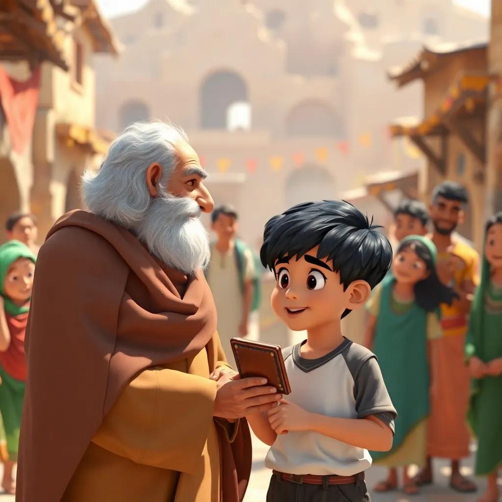 Amir, a young boy with short black hair and brown skin, holding a wallet and talking to an elderly man with gray hair, wearing a brown robe, in a lively village square, with villagers around looking curious and happy, bright daylight, warm colors, storytelling view, vibrant, child-friendly