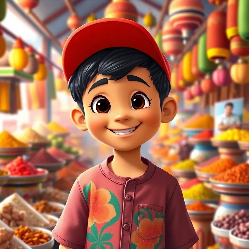 A cheerful Indian boy named Amir, with short black hair, wearing a red cap and a colorful shirt, standing in a vibrant market filled with spices and sweets, joyful atmosphere, digital art, bright colors, lively and inviting scene, high quality