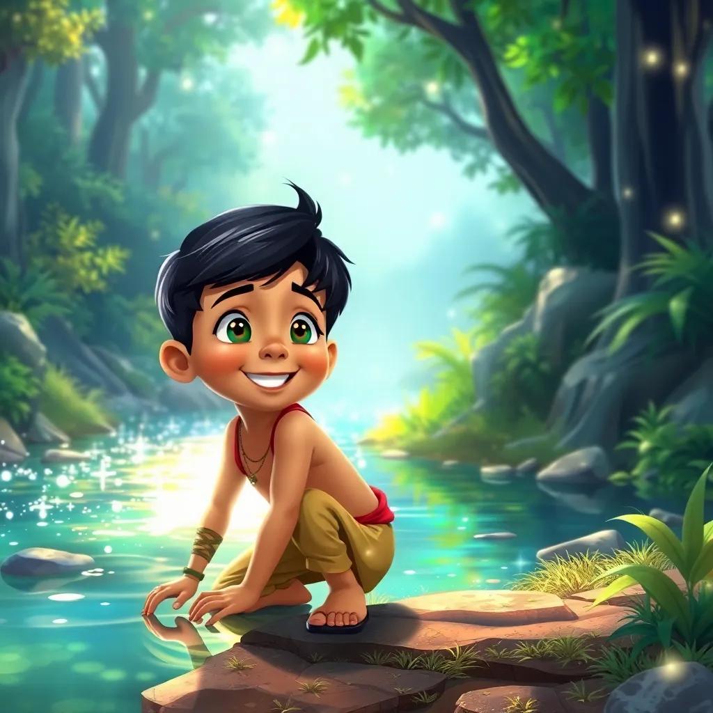 Amir, a cheerful Indian boy with short black hair, kneeling by a sparkling river surrounded by greenery, looking amazed, magical atmosphere, illustration, bright and colorful, enchanting perspective, high quality