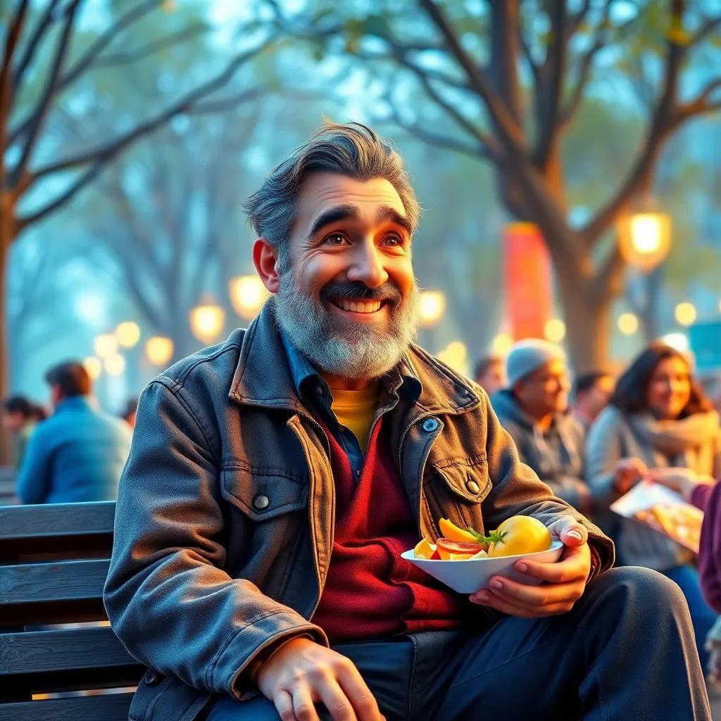 A middle-aged man, Omer, with a scruffy beard and wearing a faded jacket, sitting on a park bench, smiling as he pays for a woman's lunch, surrounded by happy people, vibrant colors, heartwarming light, storytelling angle, high quality
