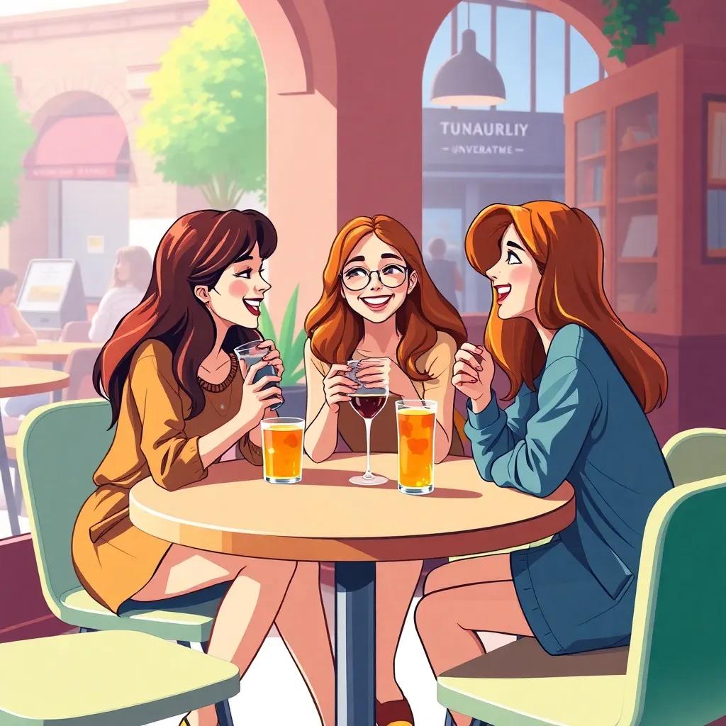 A university café setting with three young women, Alba, Marta, and María, sitting at a round table, sharing drinks and laughing together, vibrant colors, cozy atmosphere, focus on friendship, digital art, high quality