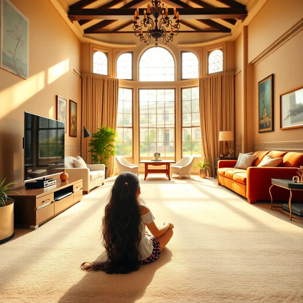 A cozy living room in a large London mansion, sunlight streaming in, a young girl named Aniya with long dark curls sitting cross-legged on the cream carpet, focused on a flat-screen TV, vibrant colors, cheerful atmosphere, digital art, heartwarming scene, high quality