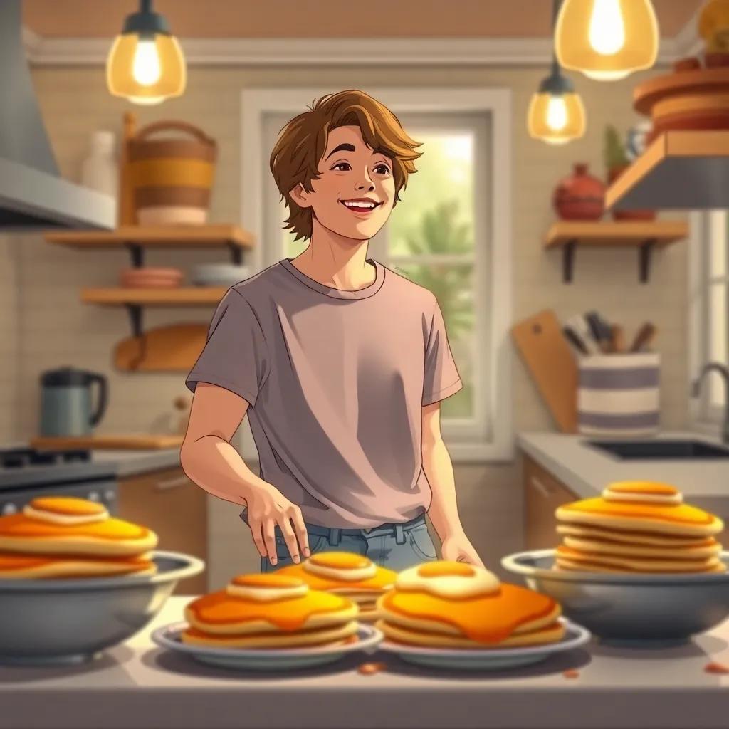 A bright kitchen filled with delicious pancakes, Louis, a young man with medium-length hair wearing a casual t-shirt and jeans, humming while cooking, warm light and colors, joyful atmosphere, illustration, delicious and lively, family gathering