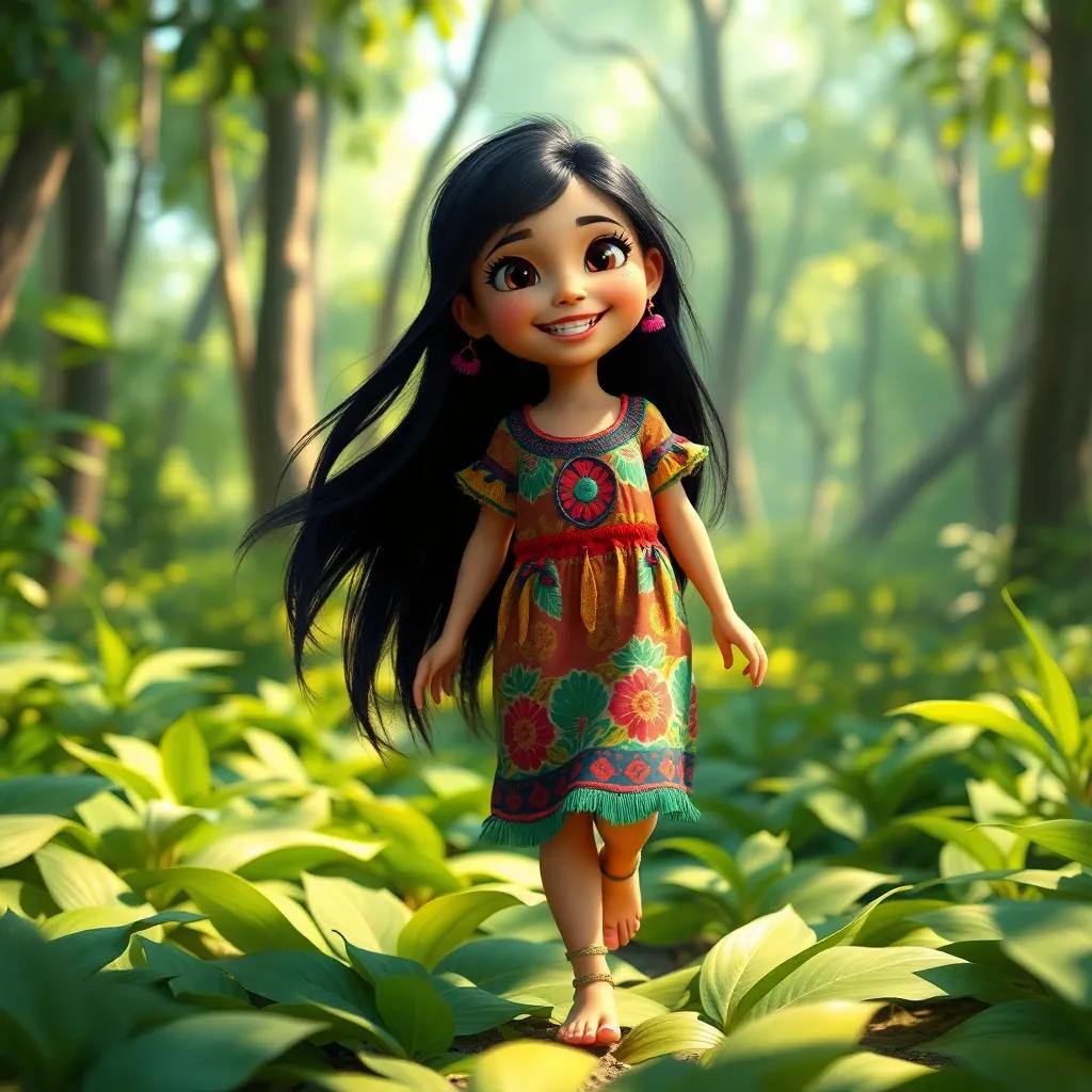 A young indigenous girl, Ana Júlia, with long black hair, wearing a colorful dress, walking barefoot on soft green leaves in a sunny forest, smiling and happy, digital art, vibrant colors, joyful atmosphere, high quality