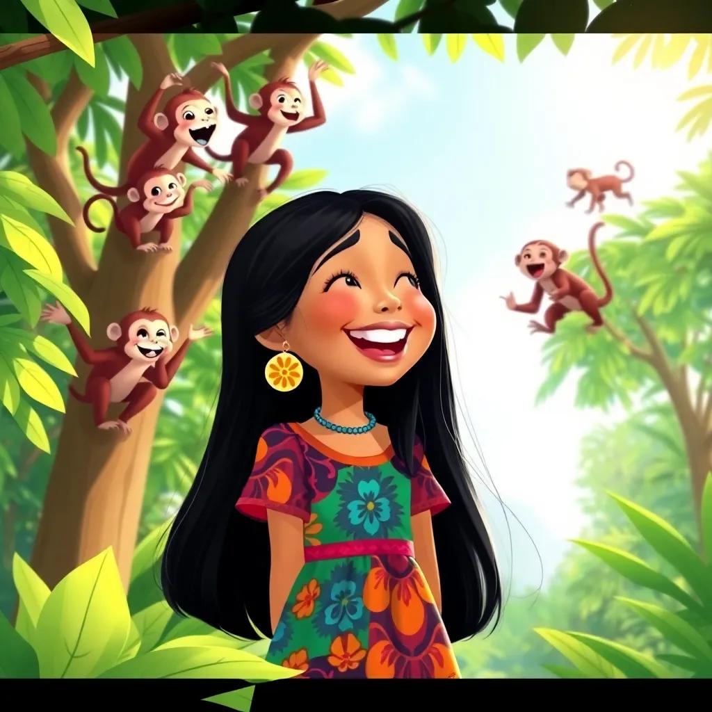 Ana Júlia, the young indigenous girl with long black hair in a colorful dress, laughing as she sees a family of monkeys playing in the trees, surrounded by lush greenery and bright sunlight, illustration, cheerful, playful scene, child-friendly