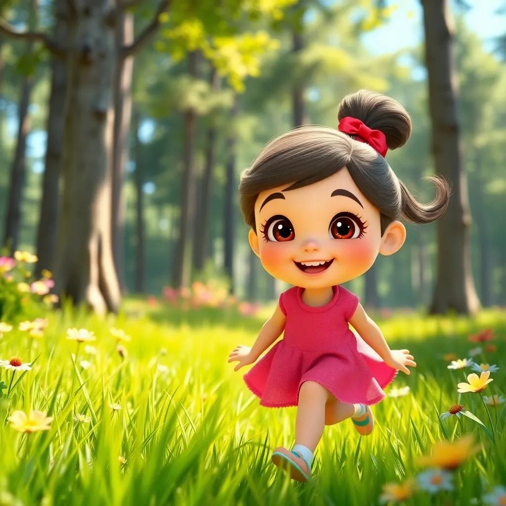 A curious girl, Ana, with sparkling eyes and a cheerful smile, skipping through bright green grass in a sunny forest, surrounded by tall trees and colorful flowers, joyful atmosphere, digital art, bright colors, inviting scene, child-friendly