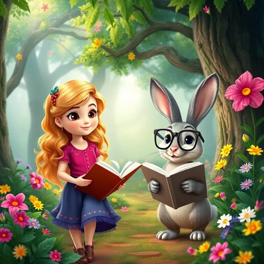 Mia, a young girl with golden curls, walking in a magical forest, vibrant flowers all around, a friendly rabbit named Benny wearing glasses reading a large book, enchanted setting, whimsical design, cheerful colors, high quality