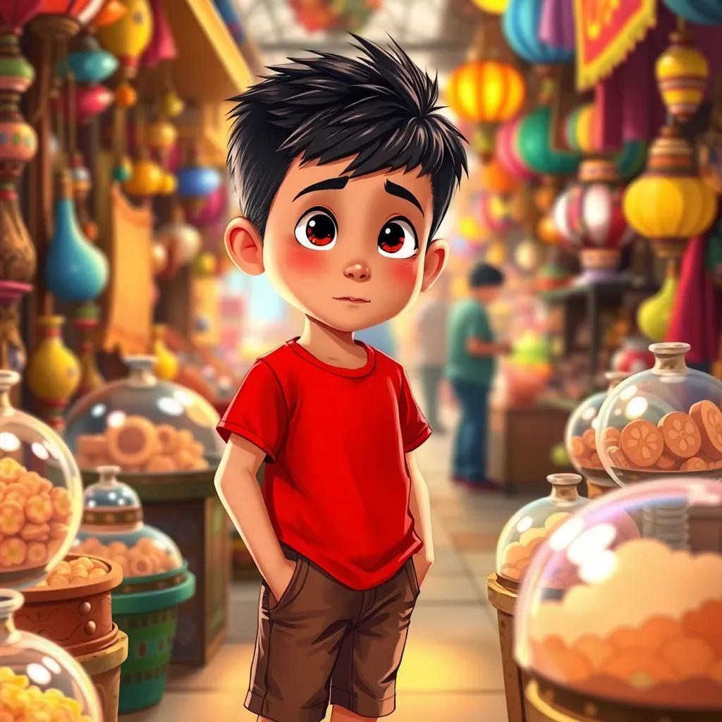 Un niño hispano, Andrés, con cabello corto y rizado, vistiendo una camiseta roja y pantalones cortos, observando objetos brillantes en un mercado de antigüedades, lleno de colores vivos, ilustración, detalle encantador, ambiente alegre, alta calidad