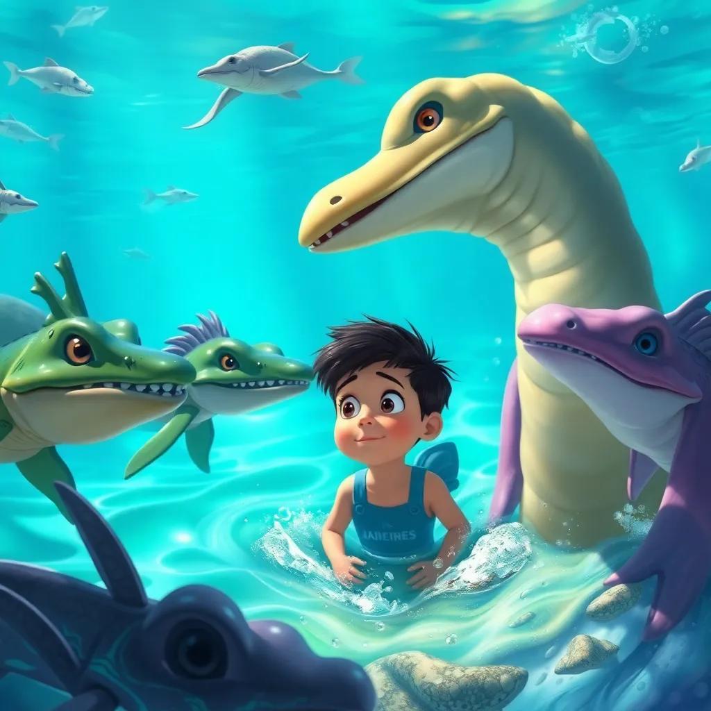Habitantes de Atlantis, criaturas marinas, miran asombrados a Andrés, un niño hispano con una expresión de curiosidad, sumergidos en un mar de aguas claras y coloridas, ilustración, vibrante, detalles encantadores, alta calidad