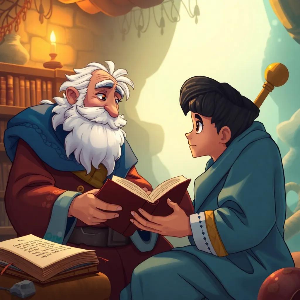 Andrés, un niño hispano con cabello rizado, conversando con un viejo sabio, rodeado de libros antiguos y elementos marinos, en un entorno vibrante y acogedor en Atlantis, ilustración, rica en color, cálida y amigable, alta calidad